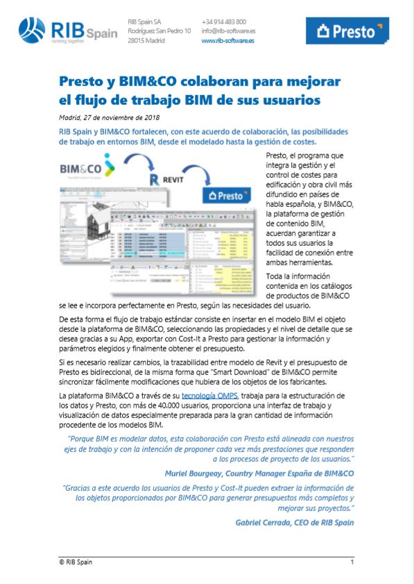 Presto y BIM&CO colaboran para mejorar el flujo de trabajo BIM de sus usuarios